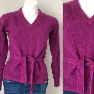Vintage Plum V-Neck Sweater with Waist Tie